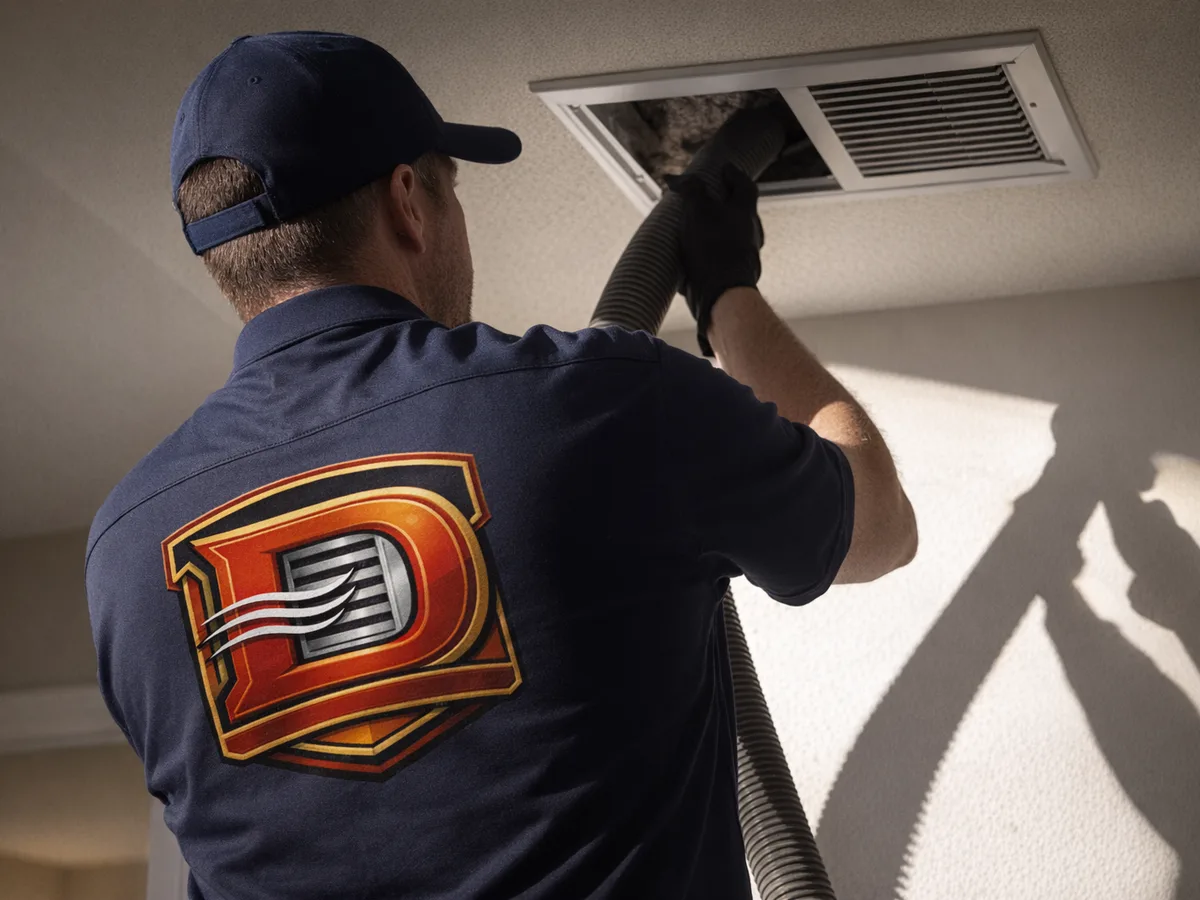 air duct cleaning technician on the job in Knights Landing, CA